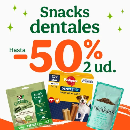 Hasta 50% dto en la 2ª unidad de snacks dentales para tu peludo.