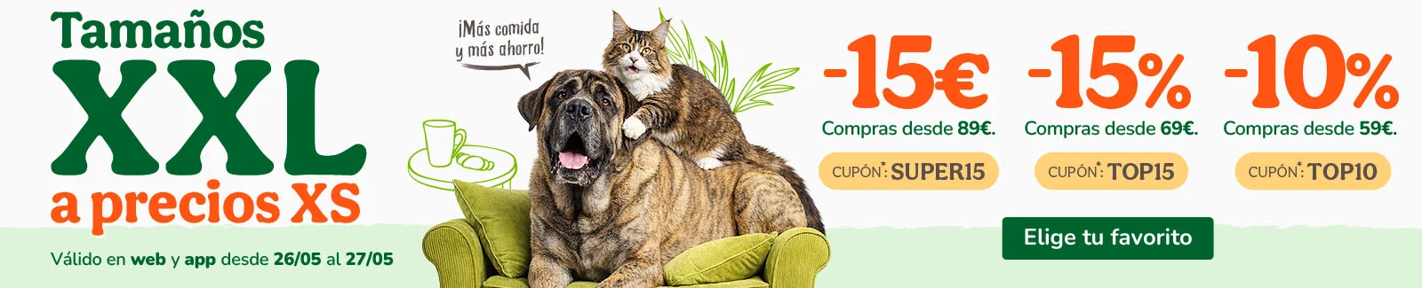 15&euro;, -15% o -10% de dto. en alimentaci&oacute;n, accesorios y productos de higiene. Cup&oacute;n  SUPER15, 15DTO o 10DTO