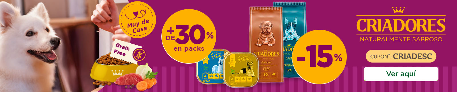Criadores Grain Free: ¡Obtén un 15% de descuento en piensos y más del 30% en húmedos  para tu perro!