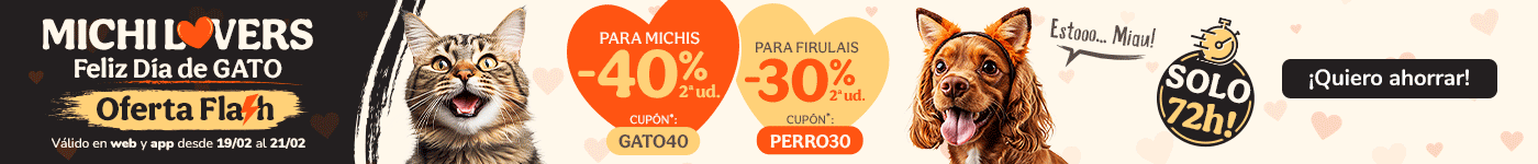 Hasta -40% en la 2ª ud. en gato y Hasta -30% en la 2ª ud. en perro. Cupones GATO40 o PERRO30