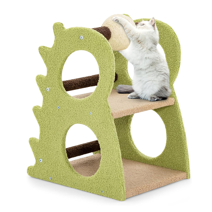 COSTWAY Árbol para Gatos de 2 Niveles, Torre para Gatos en Forma de Dinosaurio, con Bola Rascadora de Sisal y Felpa de Peluche, 4 Agujeros para