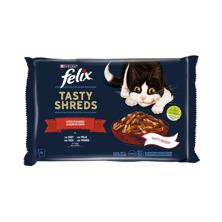 4 sobres x 80 g Felix Tasty Shreds Festín de Sabores Filetes en Salsa sobre para gatos