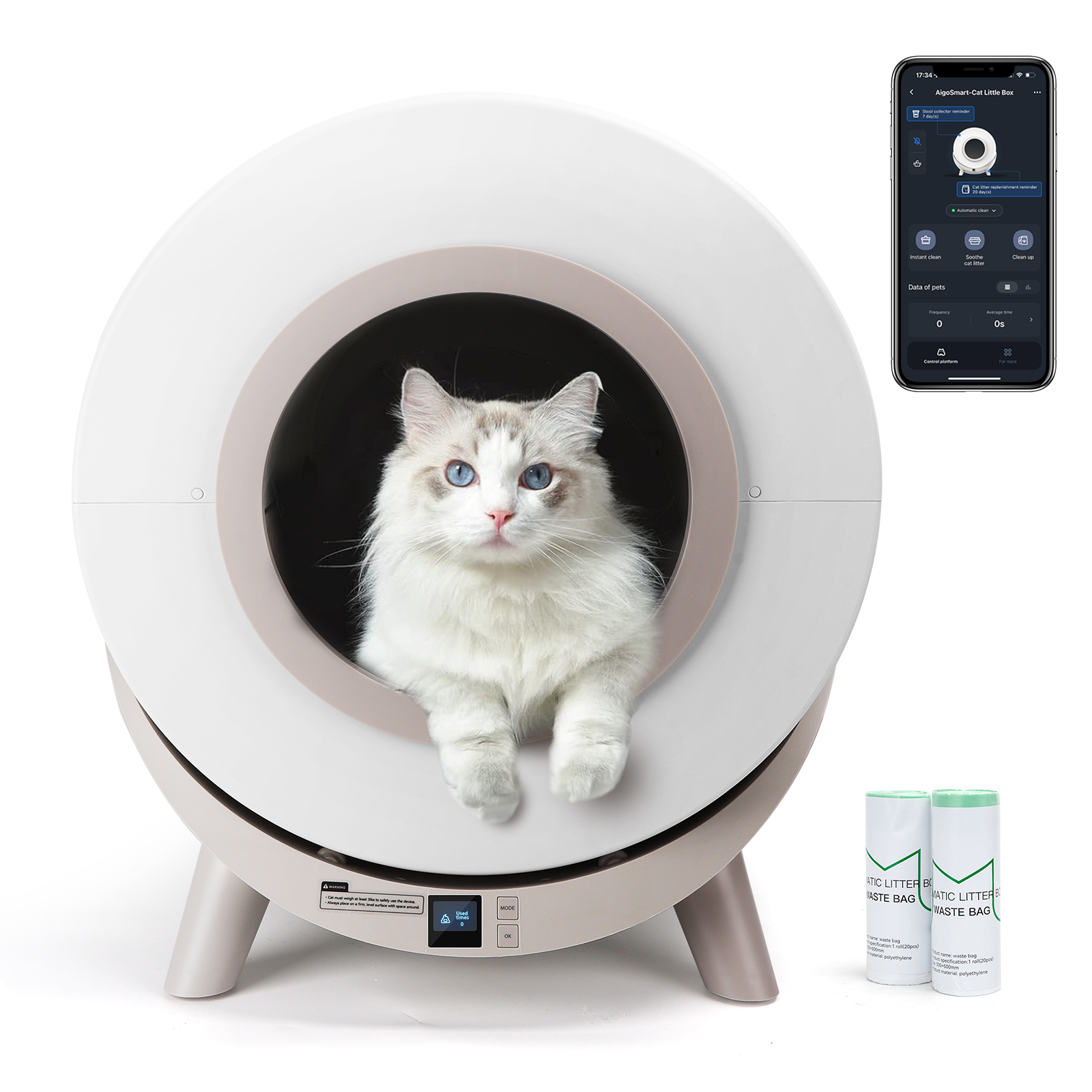 Nobleza Arenero Autolimpiable Inteligente para Gatos con App Incluye 2 Rollos de Bolsas de Basura