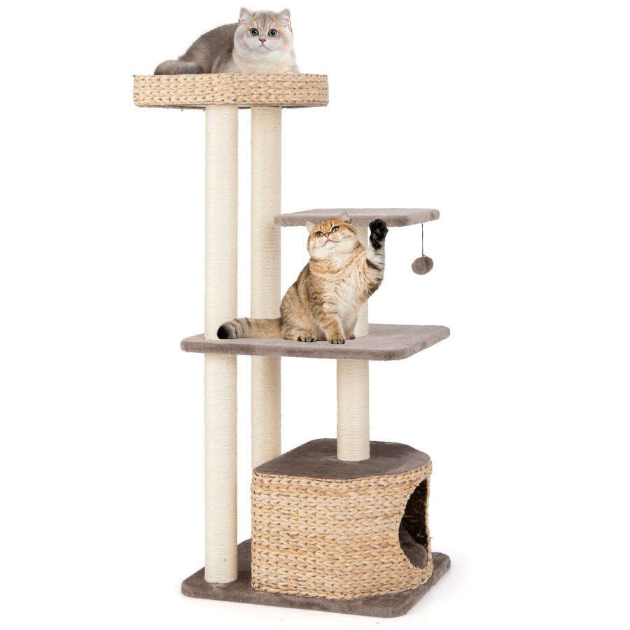 COSTWAY Árbol para Gatos, Torre de Totora de 131 CM con Postes de Rascado de Sisal, Percha, Condo, Bola Colgante, Cojines Lavables, Centro de