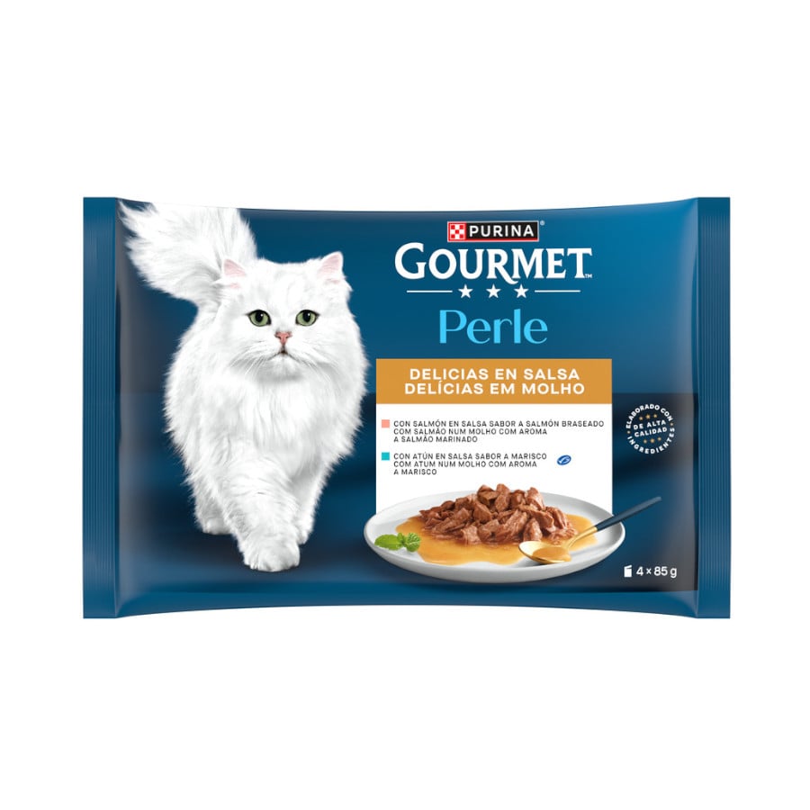 48 sobres x 85 g Gourmet Perle Filetes de Salmón y Atún en salsa sobre para gatos ¡Pack ahorro!