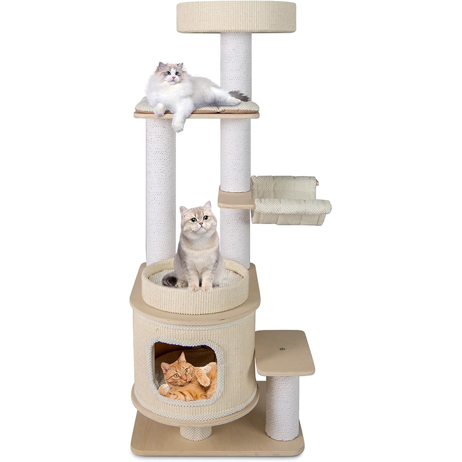 COSTWAY 151 cm Árbol Rascador para Gatos, Torre Rascador para Gatitos con Percha Acolchada, Condo de 2 Niveles, Tapetes Desmontables, Poste para