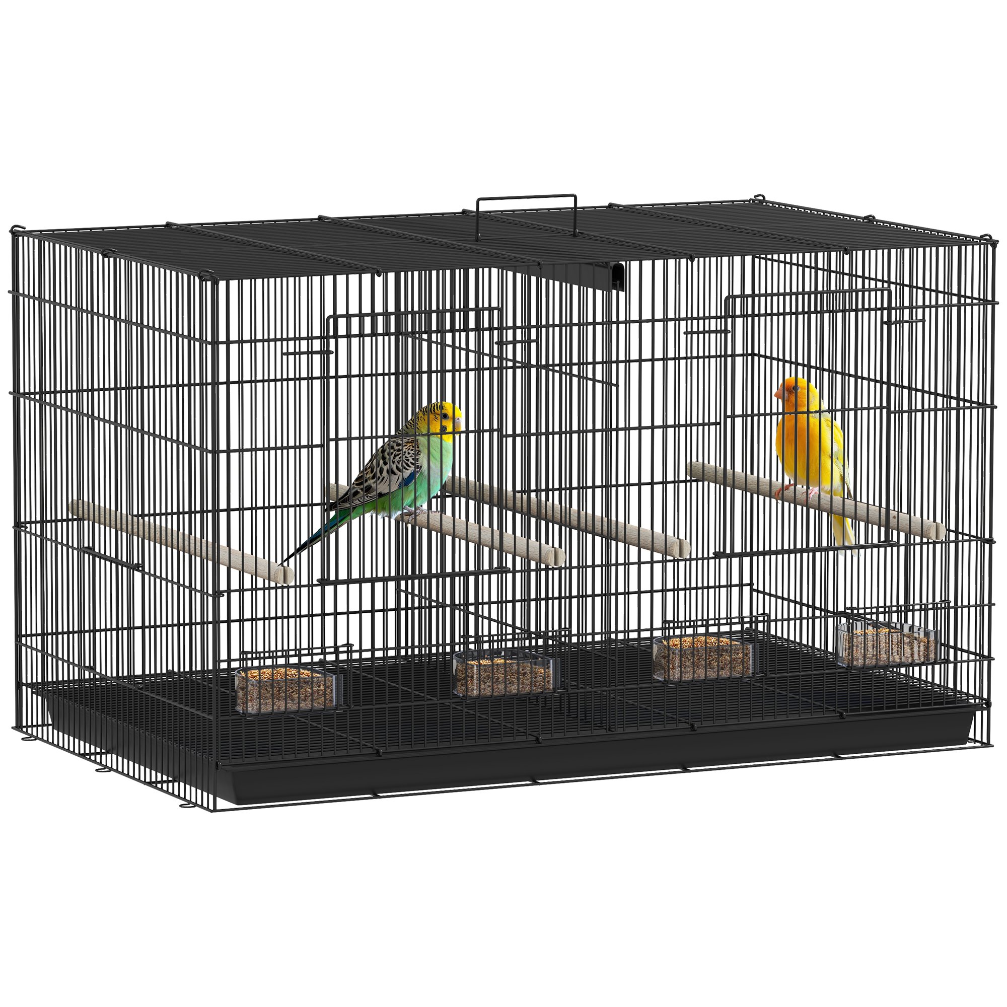 PawHut Jaula para Pájaros con Divisor, 76x46x46 cm, Pajarera con 4 Comederos, 4 Perchas y Bandeja Extraíble, Jaula para Loros, Canarios, Periquitos,