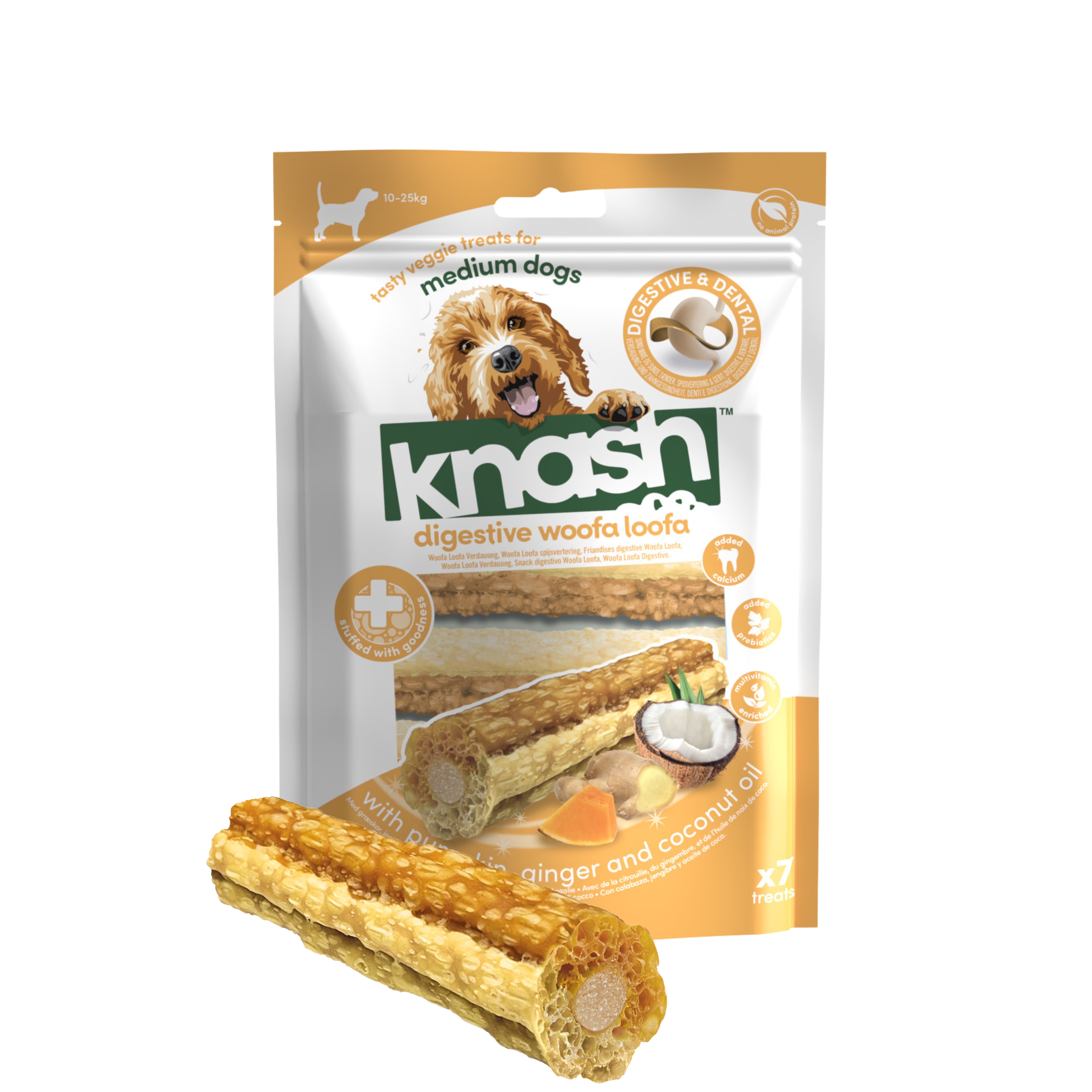 KNASH SNACK DIGESTIVE DE CALABAZA, JENGIBRE Y COCO PERRO S o M, 2 bolsas x 7 uds