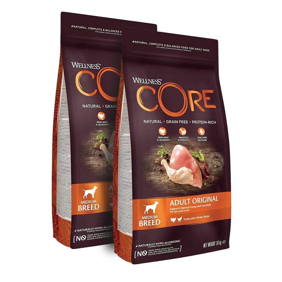2 x 1.8 kg Wellness Core Adult Medium Original Pavo y Pollo pienso para perros ¡Pack ahorro!