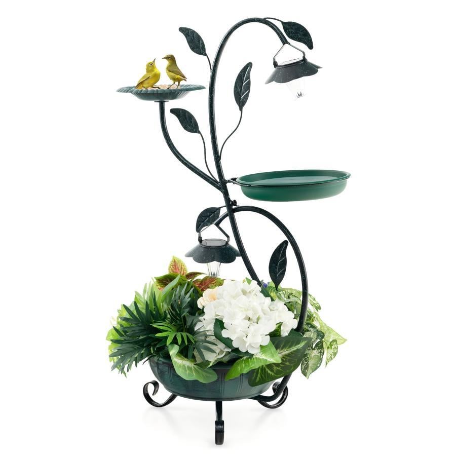 COSTWAY Comedero Pájaros Exterior con 2 Luces LED Solares, Bebedero Pájaros Decorativo con Baño para Pájaros y Macetero de Flores, Baño Vintage
