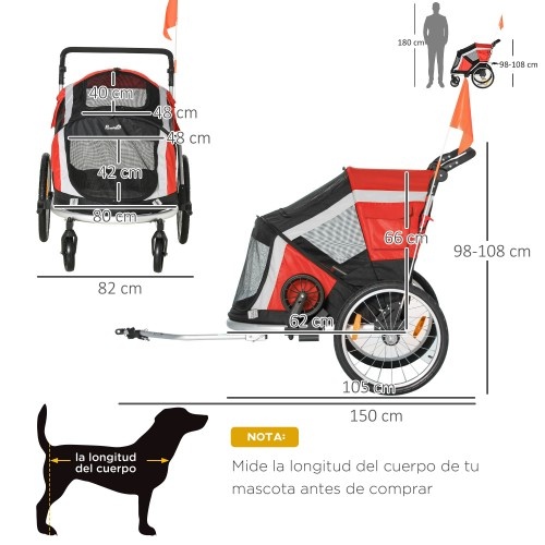 PawHut Remolque de Bicicleta 2 en 1 Plegable Rojo para perros, , large image number null