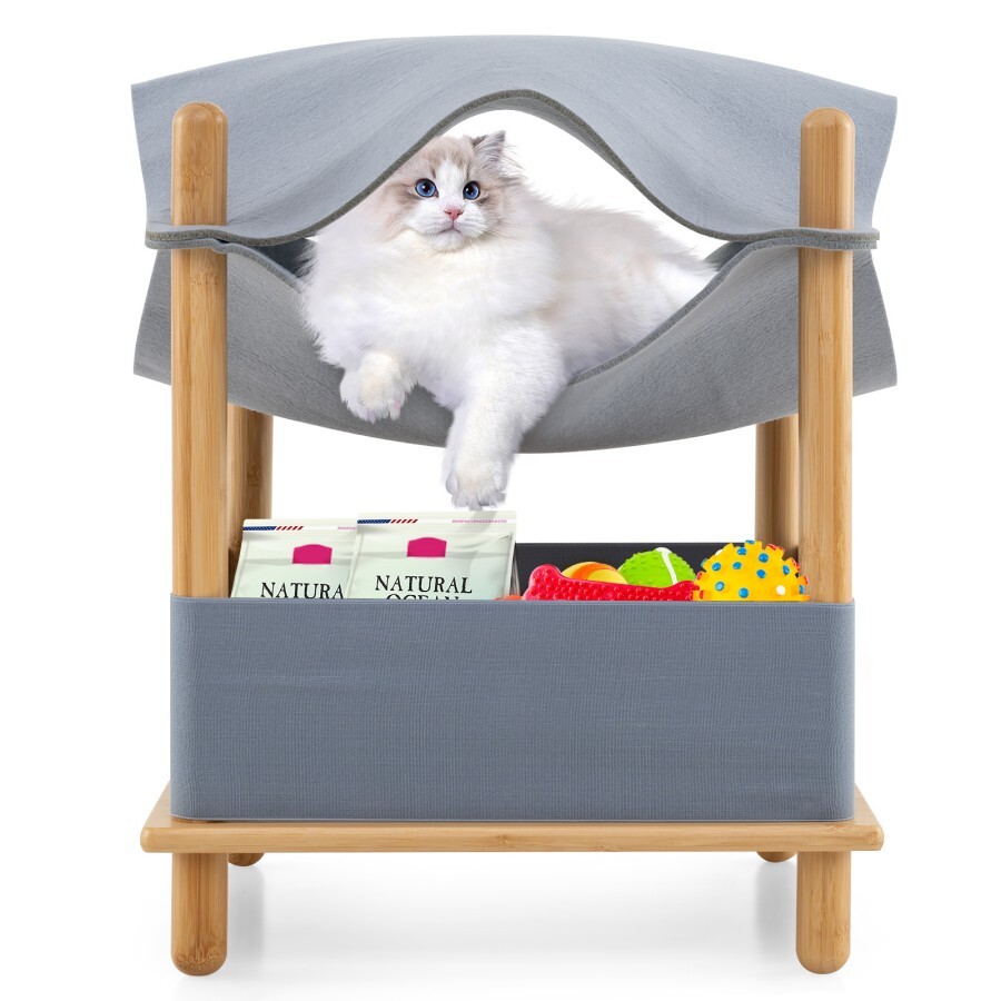 COSTWAY Casa de Gato de Madera de 2 Niveles, Árbol para Gatos Moderno con Condo Semi-Cerrado, Ropa Removible, Espacio de Almacenaje, Cama Elevada para