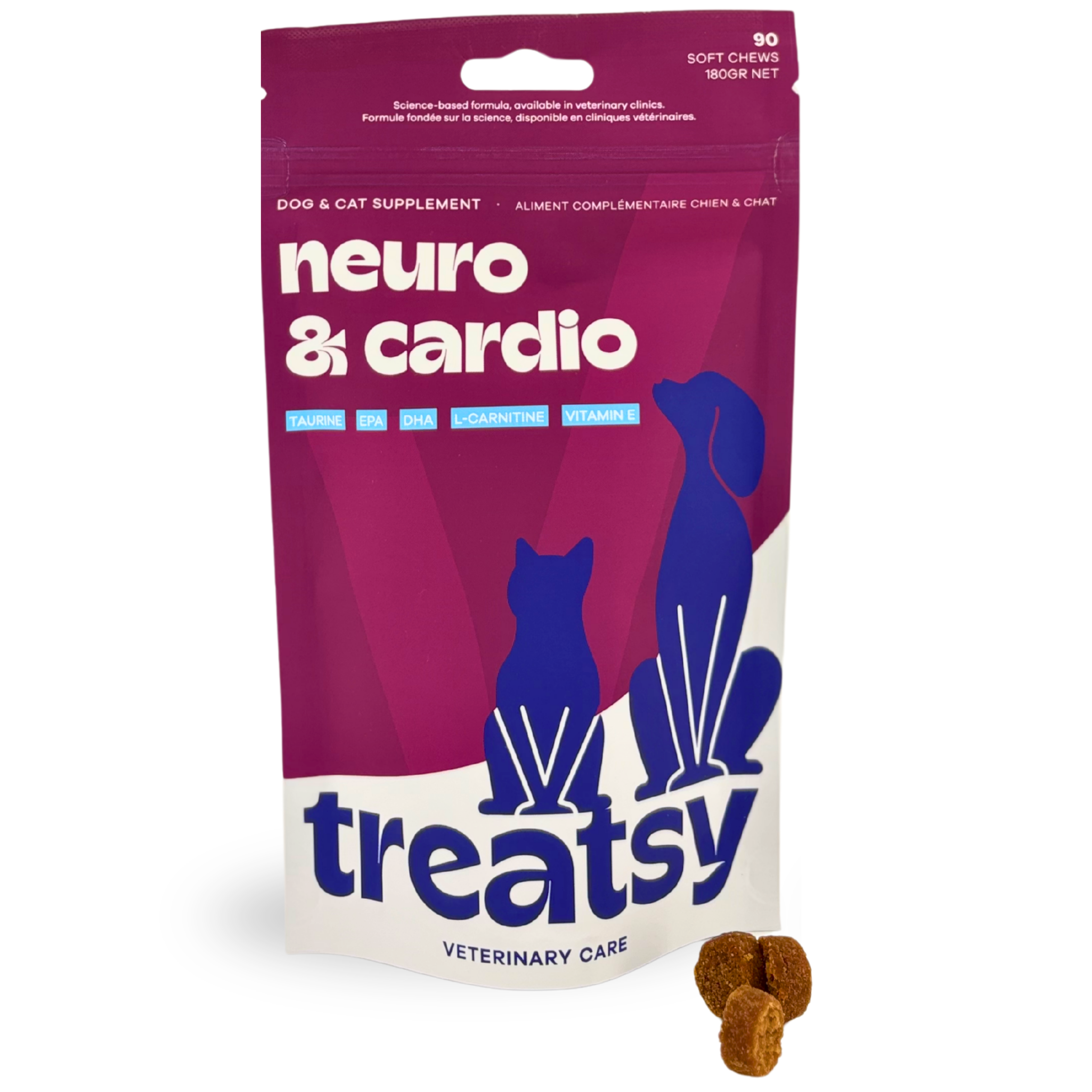 Treatsy Neuro & Cardio Perro y Gato – Complemento Veterinario Corazón y Cerebro – Taurina, L-Carnitina, Omega-3 EPA DHA, Vitamina E – 90 Snacks