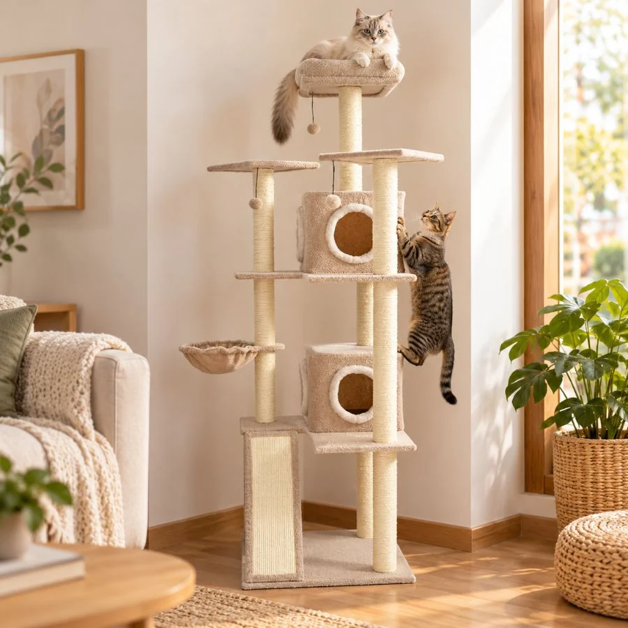 Leeby Boucle Collection Árbol rascador con camas y juguetes para gatos