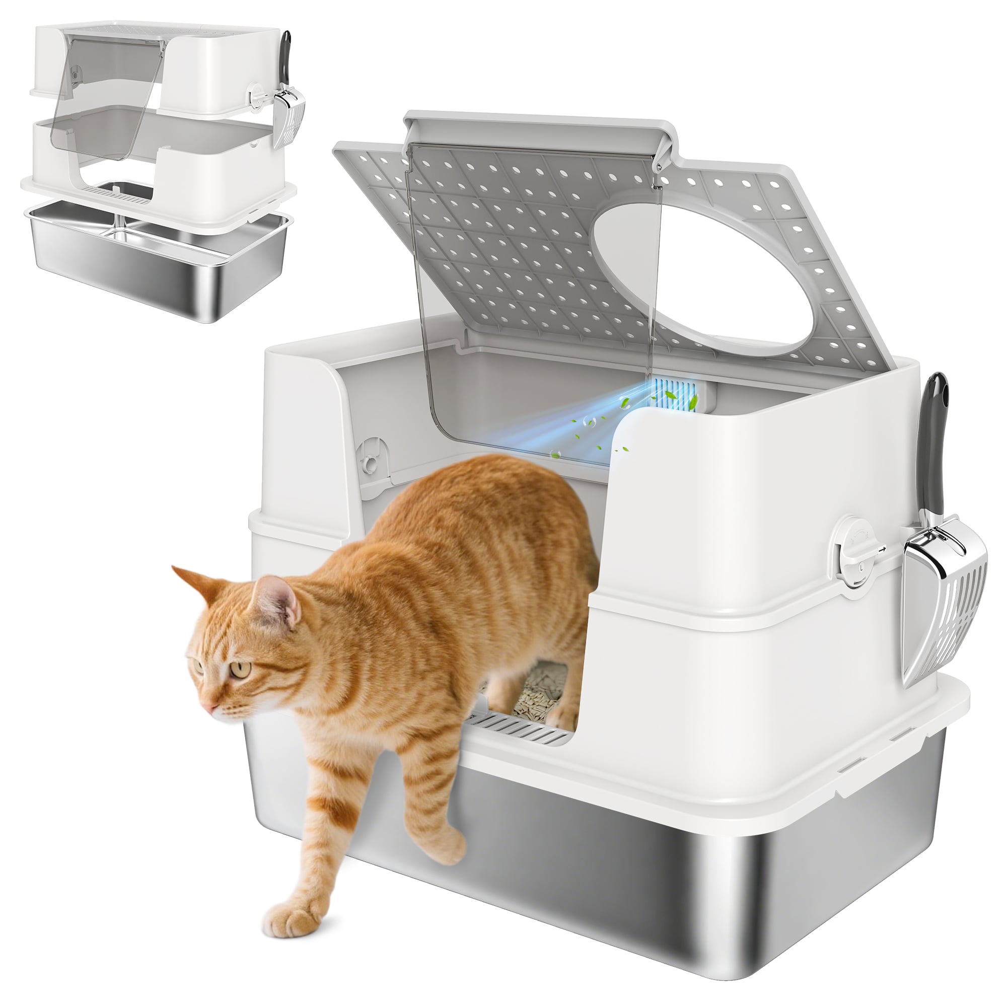 PawHut Arenero para Gatos de Acero Inoxidable XL Caja de Arena para Gatos Grandes Arenero con Tapa Abatible Laterales Altos Entrada Superior Pala sin