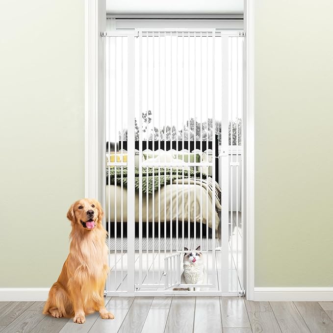 COSTWAY Puerta para Mascotas de Metal, Barrera Ajustable con 2 Extensiones y Puerta Pequeña, Ideal para Cocina y Escaleras, 77-104 cm de Ancho, Blanco