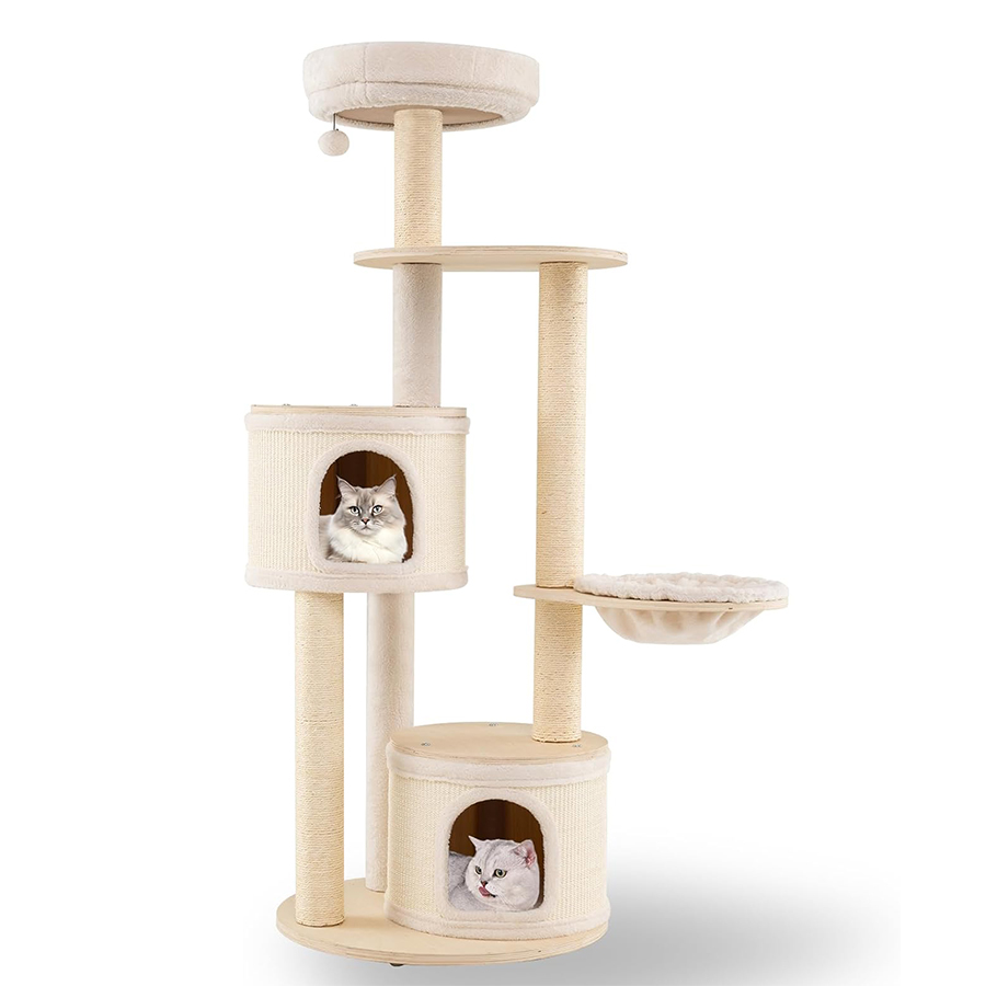 COSTWAY Árbol Rascador para Gatos de 152 cm, Torre Gatos Rascador de Madera Moderno, Árbol de Actividad para Gatito con Postes de Sisal, 2 Casas,