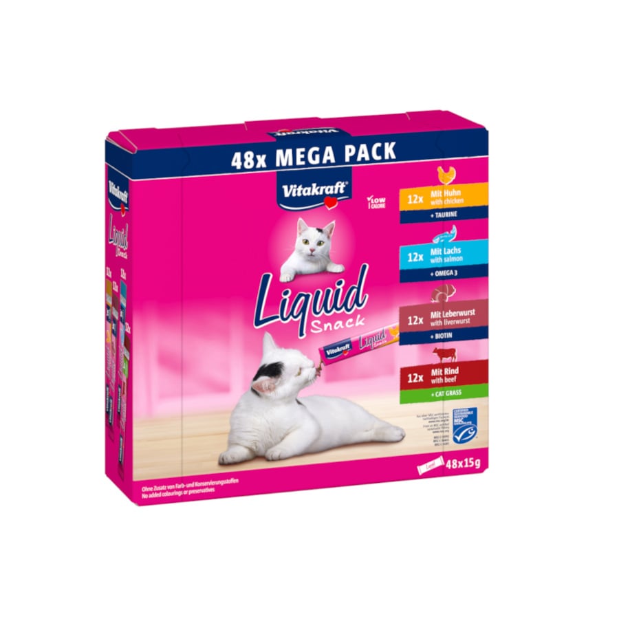 0.81 KG Vitakraft Liquid Snack Pollo y Ternera, Paté, y Salmón para gatos