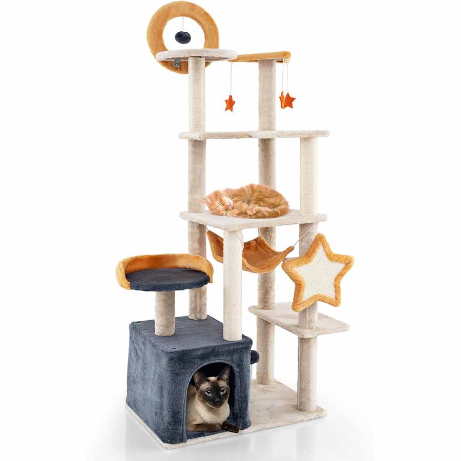 COSTWAY Árbol Rascador para Gatos, Altura 160cm, Rascador para Gatos de Varios Niveles con Postes de Sisal y Tablero, Condo, Plataforma y Perchas,