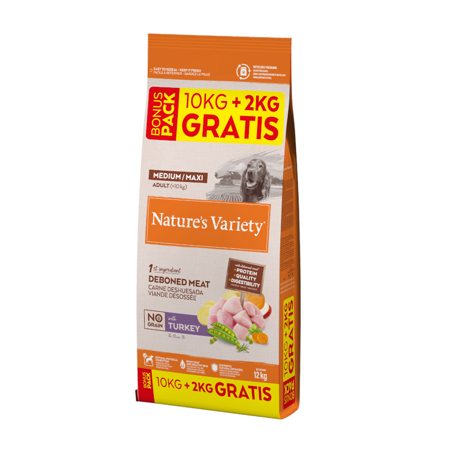 12 kg (10+2 kg ¡gratis!) Nature’s Variety Adult Medium Maxi No Grain Pienso Pavo para perros