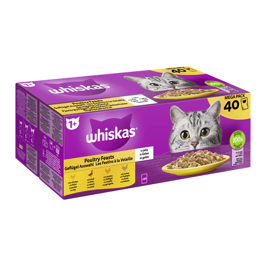 40 sobres x 85 g Whiskas Comida Húmeda Gelatina Aves de Corral para gatos