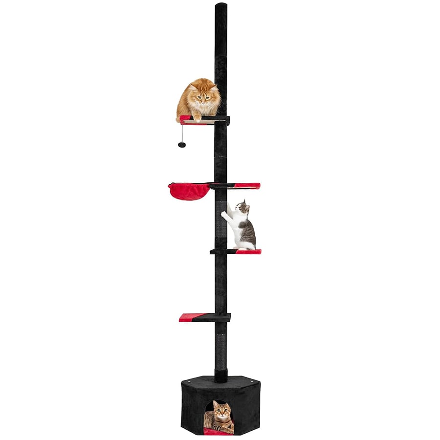 COSTWAY Árbol Rascador para Gatos Gótico de Suelo a Techo, Ajustable de 245-300 cm, Torre Alta de 5 Niveles con Caseta, Hamaca, Postes Rascadores de