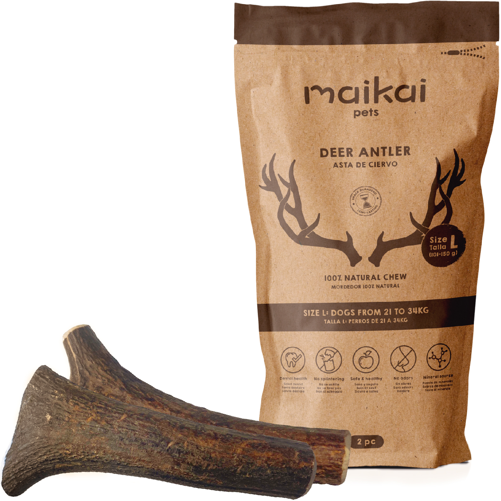 MAIKAI Asta de Ciervo para Perros – Pack de 2 uds – Mordedor Perro Resistente – Huesos para Perros