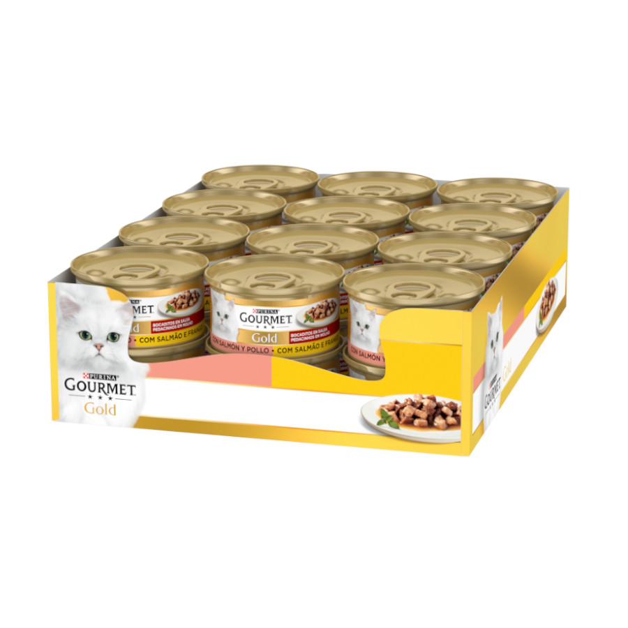 48 latas x 85 g Gourmet Gold Bocaditos Salmón y Pollo para gatos ¡Pack ahorro!
