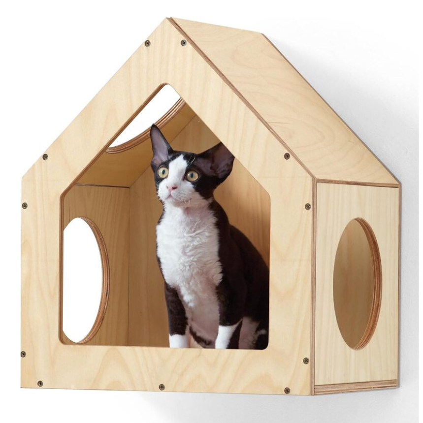 Fukumaru Casa de Pared para Gatos de Madera Natural 40×30×45,7 cm | Túnel con 3 Orificios 16 cm | Estilo Natural | Compatible con Wall Jungle
