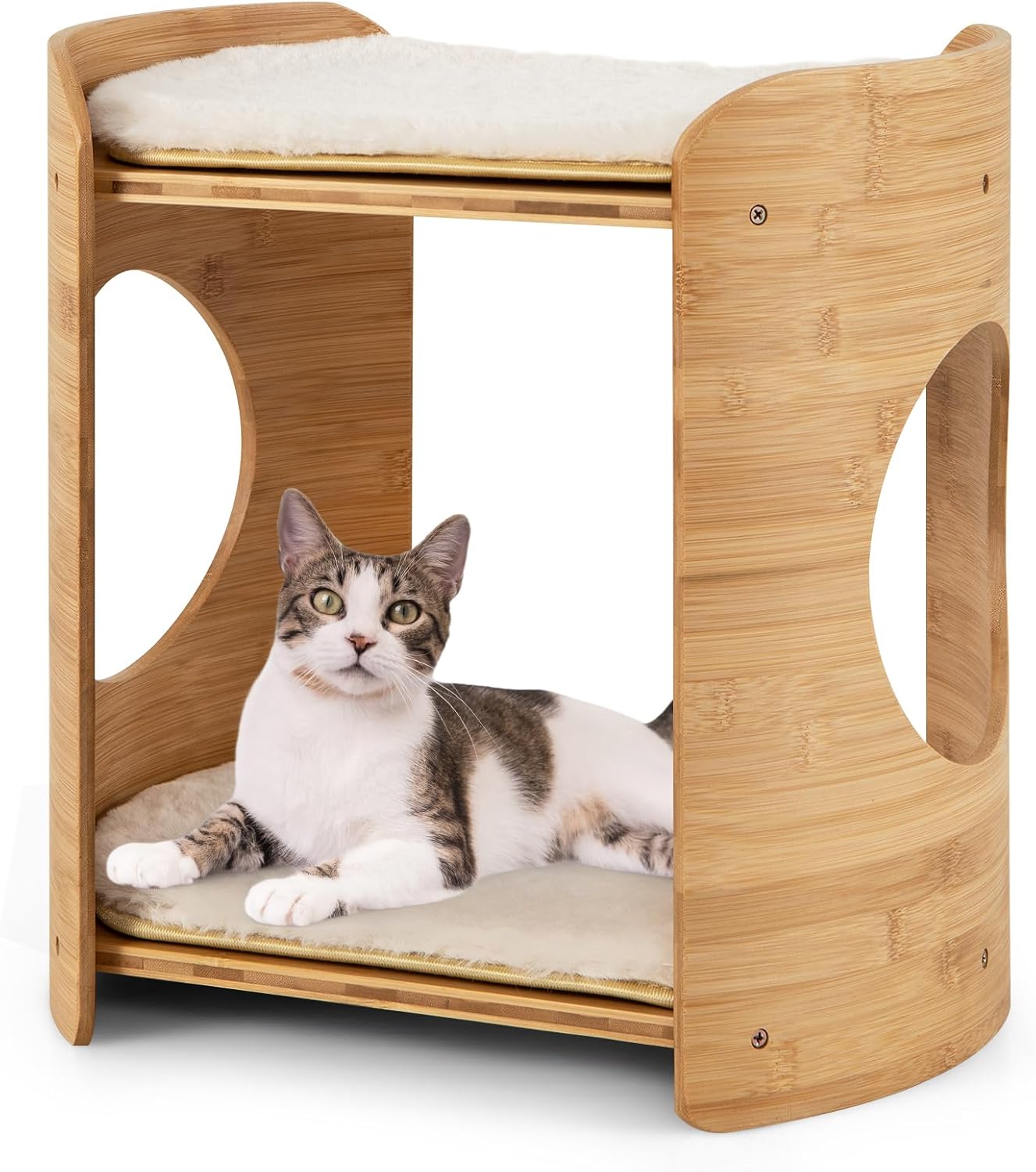 COSTWAY Casa de Gatos de 2 Niveles, Cama de Gato Curva con Marco de Bambú Natural, 2 Alfombrillas de Felpa Suaves Extraíbles y Lavables, 2 Agujeros