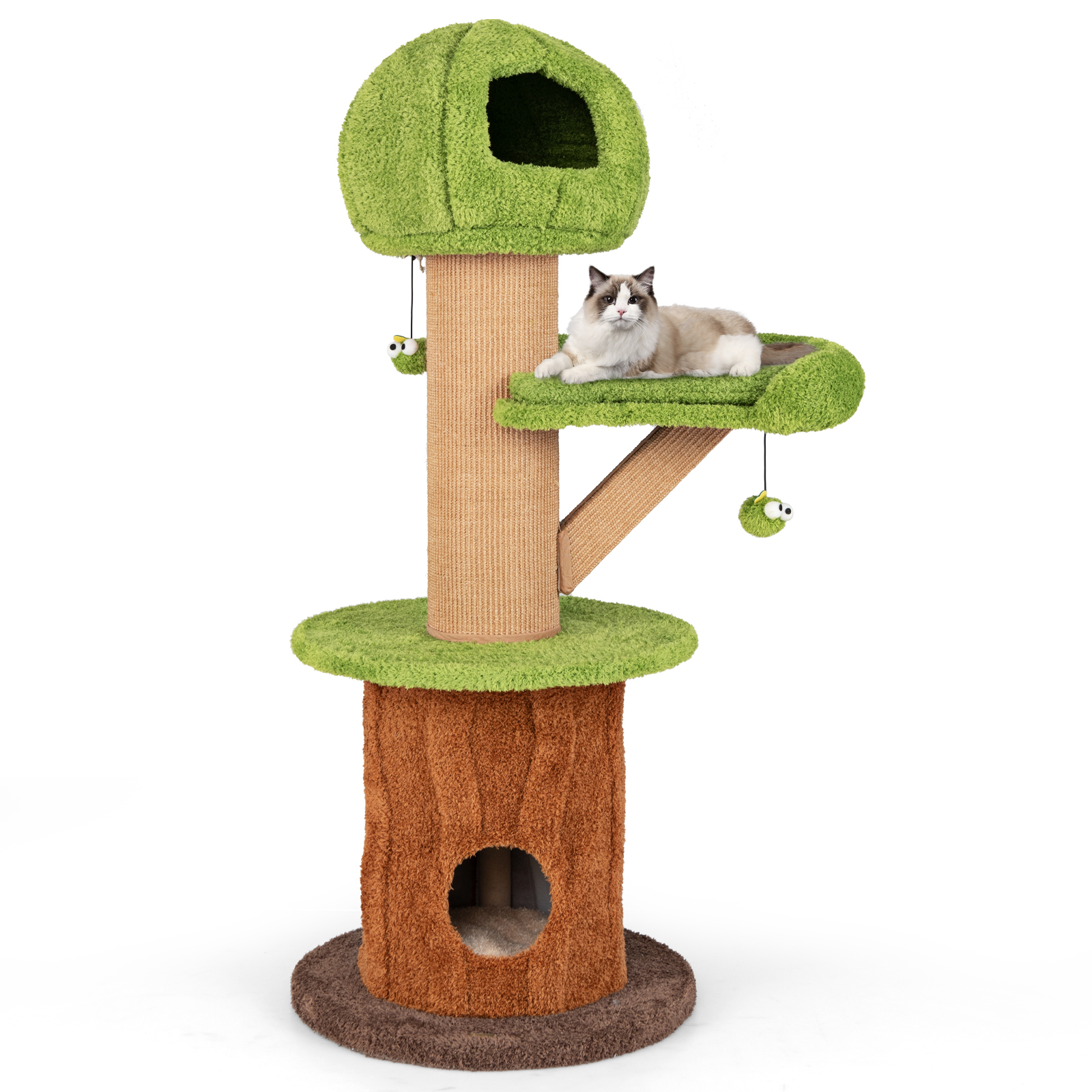 COSTWAY Árbol para Gatos en Forma de Hongo para Interior, Torre de 148 CM con 2 Condos, Perchero de Cuero, Pelotas, Postes de Sisal, Cueva Oculta,