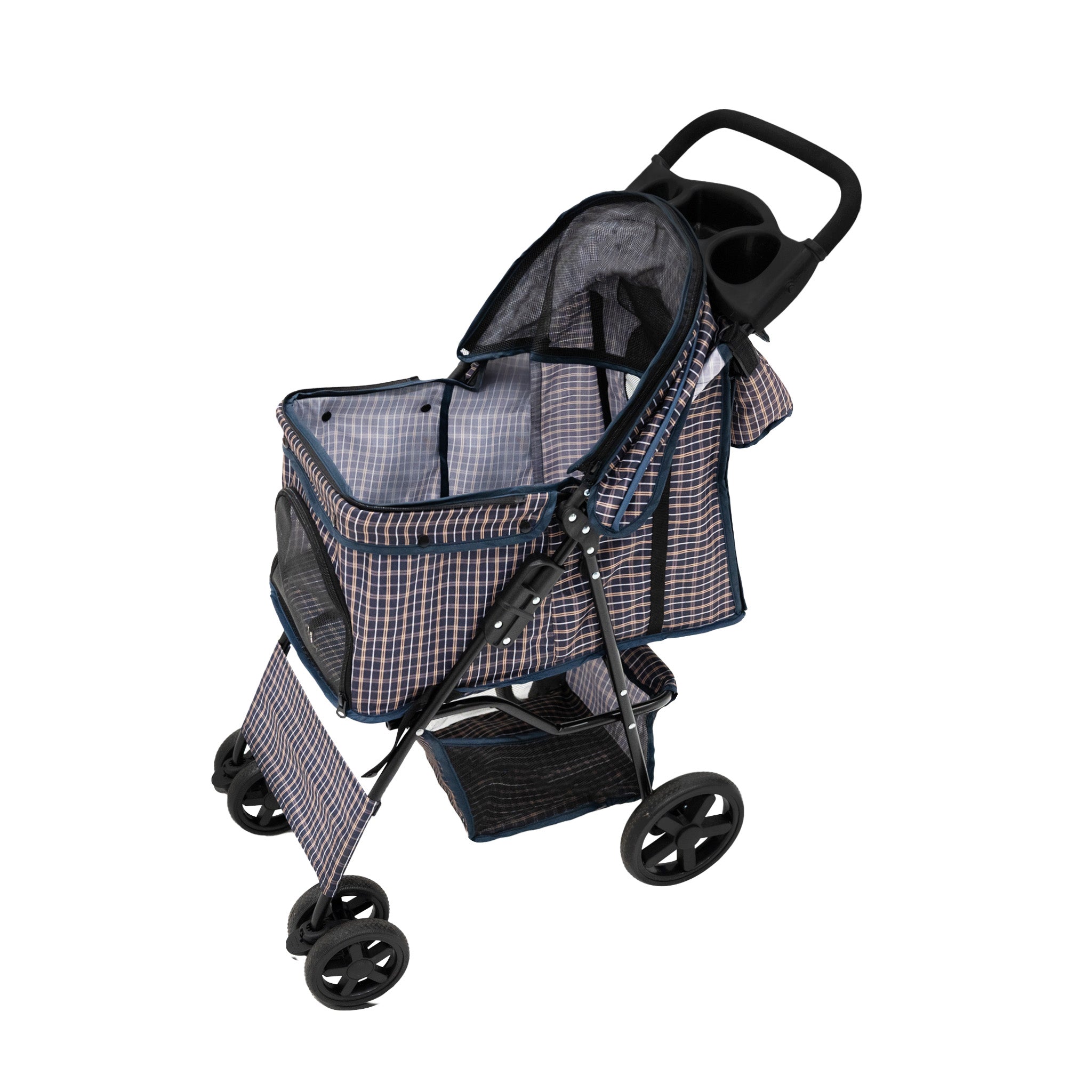 Cochecito Tartán Azul Plegable para Mascotas con Cubierta lluvia  y Bolsa de Almacenamiento