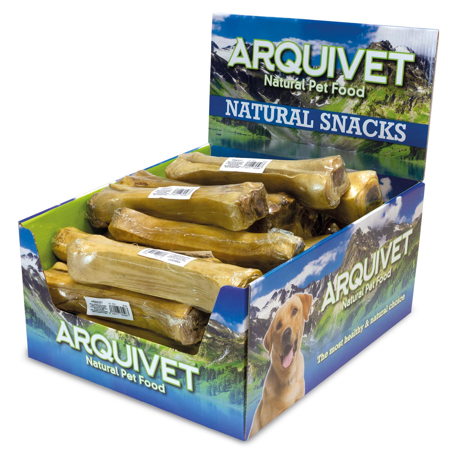 Hueso prensado piel de búfalo relleno con tripa de búfalo – 13 cm – Caja expositora de 60 unidades – 3.000 g – Snack natural para perros