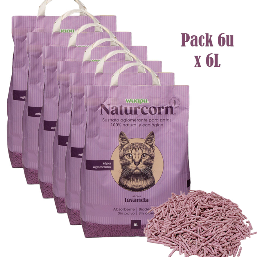 WUAPU NATURCORN LAVANDA Sustrato en pelets para gato, caja de 6 x 6L (16’8kg)