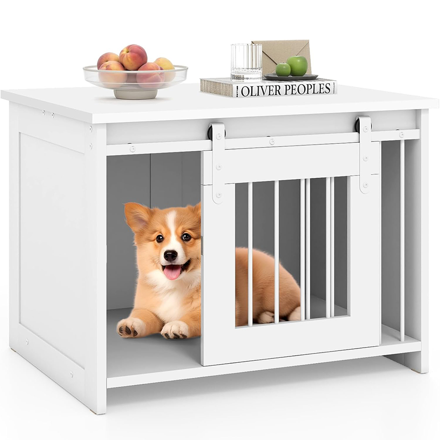 COSTWAY Jaula para Perros Medianos, 80x60x60 cm, Muebles de Jaula para Perros con Puerta Corrediza, Tubos Metálicos a Prueba de Masticar, Mesa