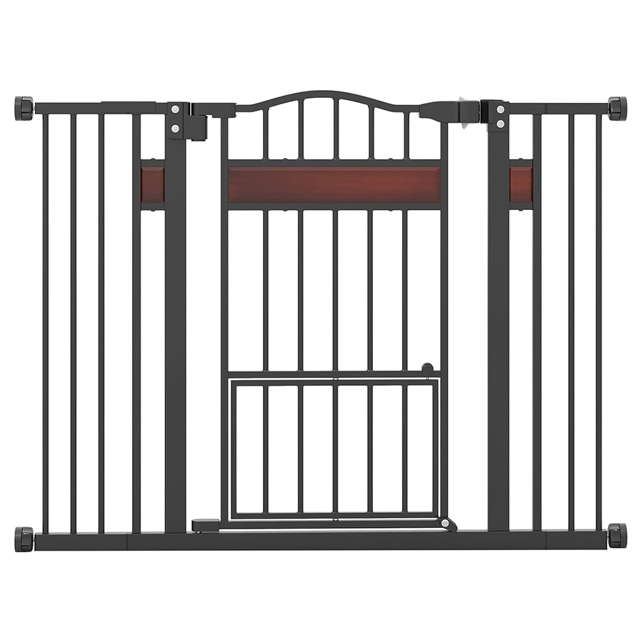 COSTWAY Barrera de Seguridad para Perros, 74-104 x 76 cm Barrera para Mascotas Extensible con Puerta Pequeño, Cierre Automático y Sistema de Doble
