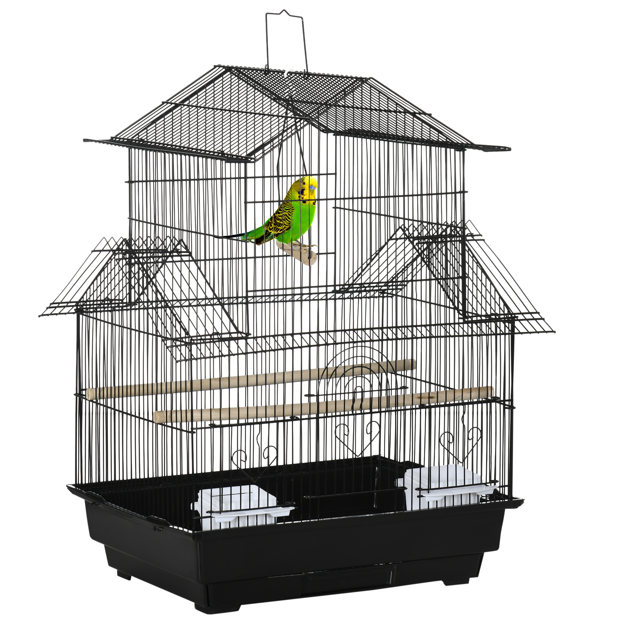 PawHut Jaula para Pájaros 50,5x41x63 cm Pajarera Metálica con 5 Puertas 2 Comederos 2 Perchas Columpio Bandeja Extraíble y Asa de Transporte para