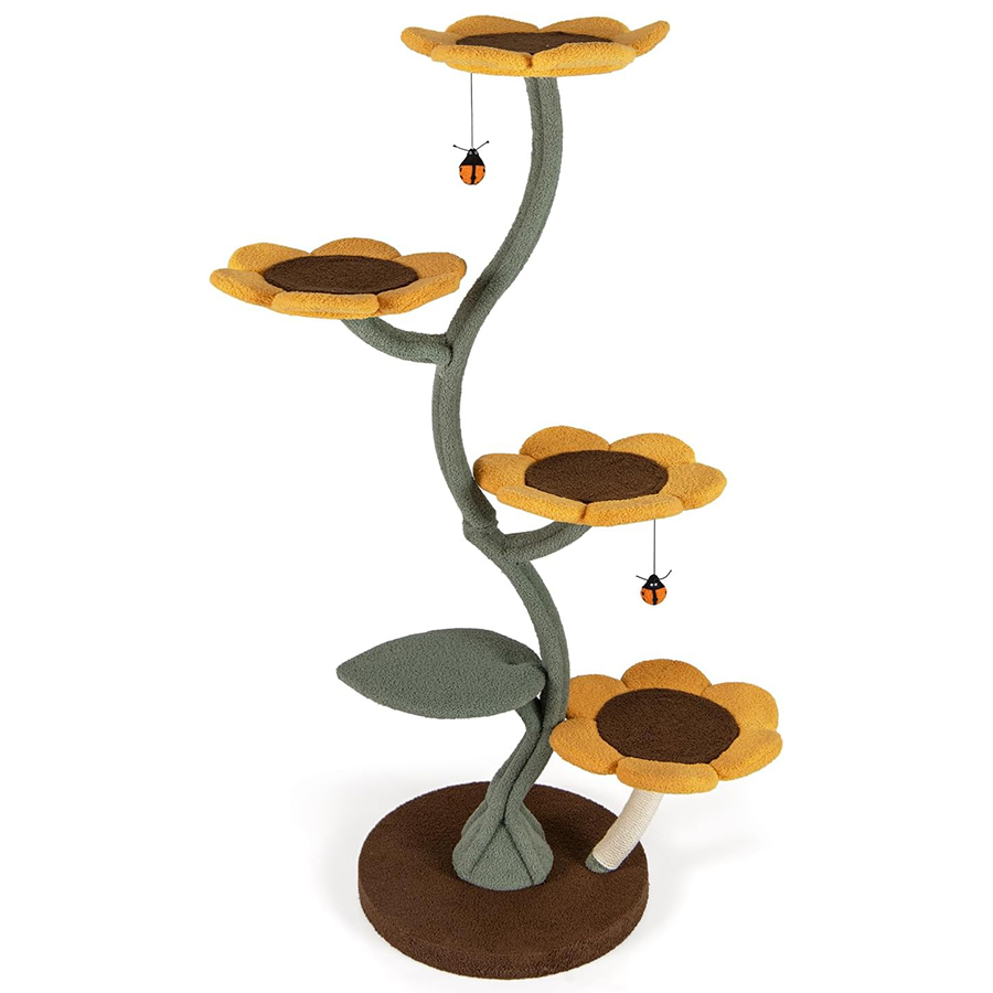 COSTWAY Árbol Rascador para Gatos, 175 cm Torre Gatos Rascador Estilo de Girasol con 5 Plataformas Acolchonadas Multinivel en Forma de Flor y Hoja,