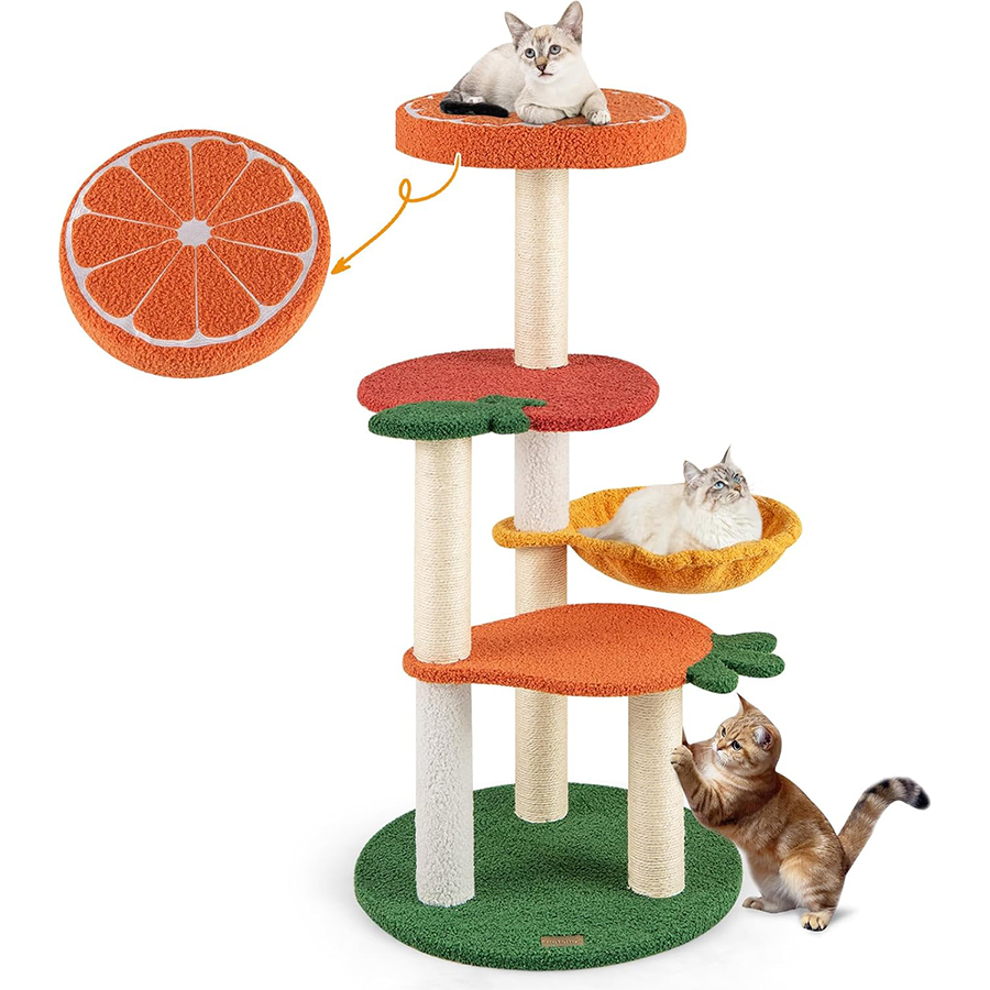 COSTWAY Árbol Rascador para Gatos, Rascador para Gatos de Estilo Fruta, Múltiples Niveles con Perchero Acolchado, Cesta Rotatable, Postes de Rascado