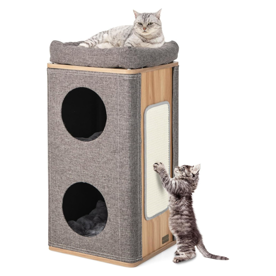 COSTWAY Condominio para Gatos de 3 Pisos, Casa para Gatos con Tabla de Rascar y 2 Entradas, Casa en Forma de Barril para Gatos de Interior, Casa para