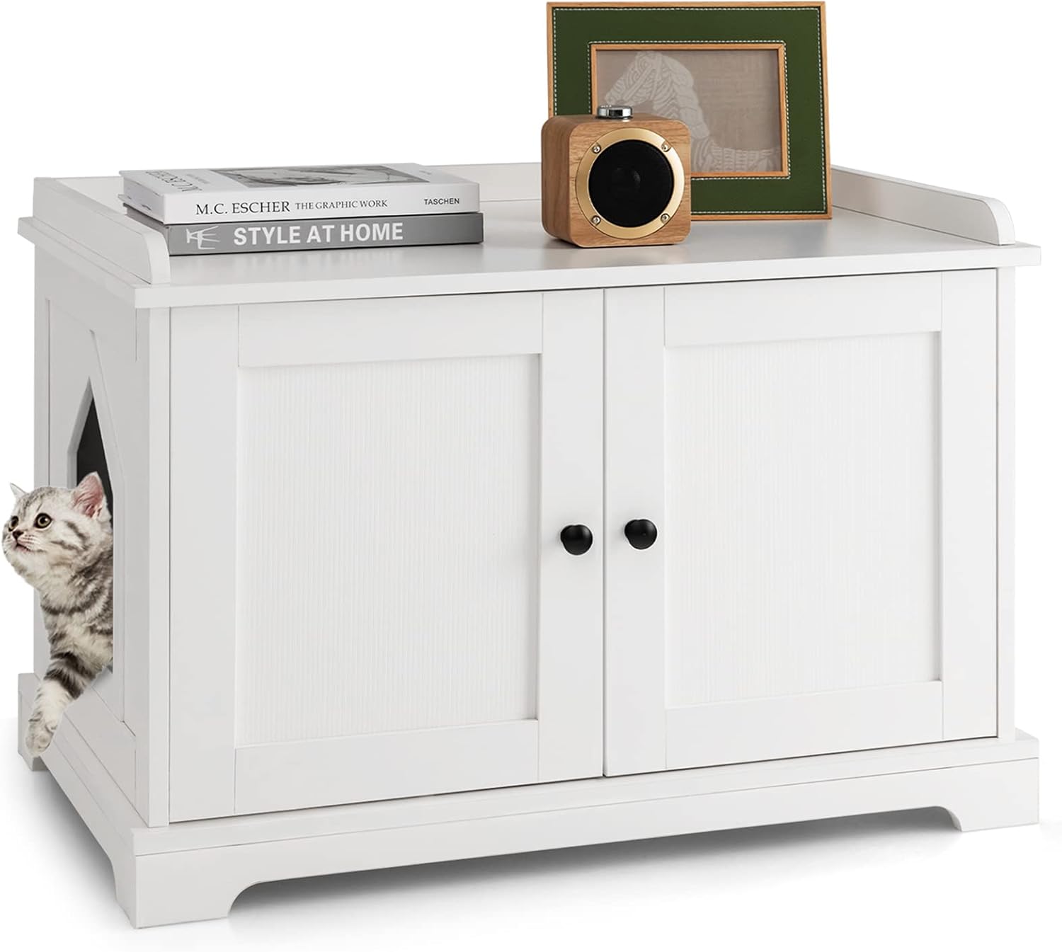 COSTWAY Arenero para Gatos con Tablero Rascador, Casa de Baño Oculto con Entrada Reversible y Divisor Ajustable, Mesa Auxiliar de Madera Interior para