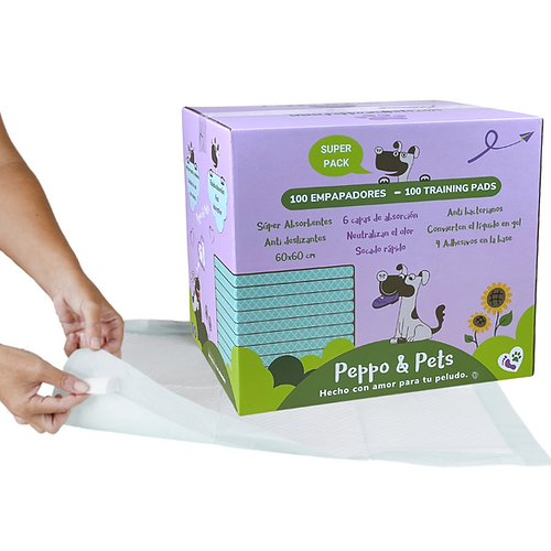 Peppo and Pets- 100 Empapadores para perros 60×60 cm- Súper absorbentes-4 adhesivos para fijar al suelo
