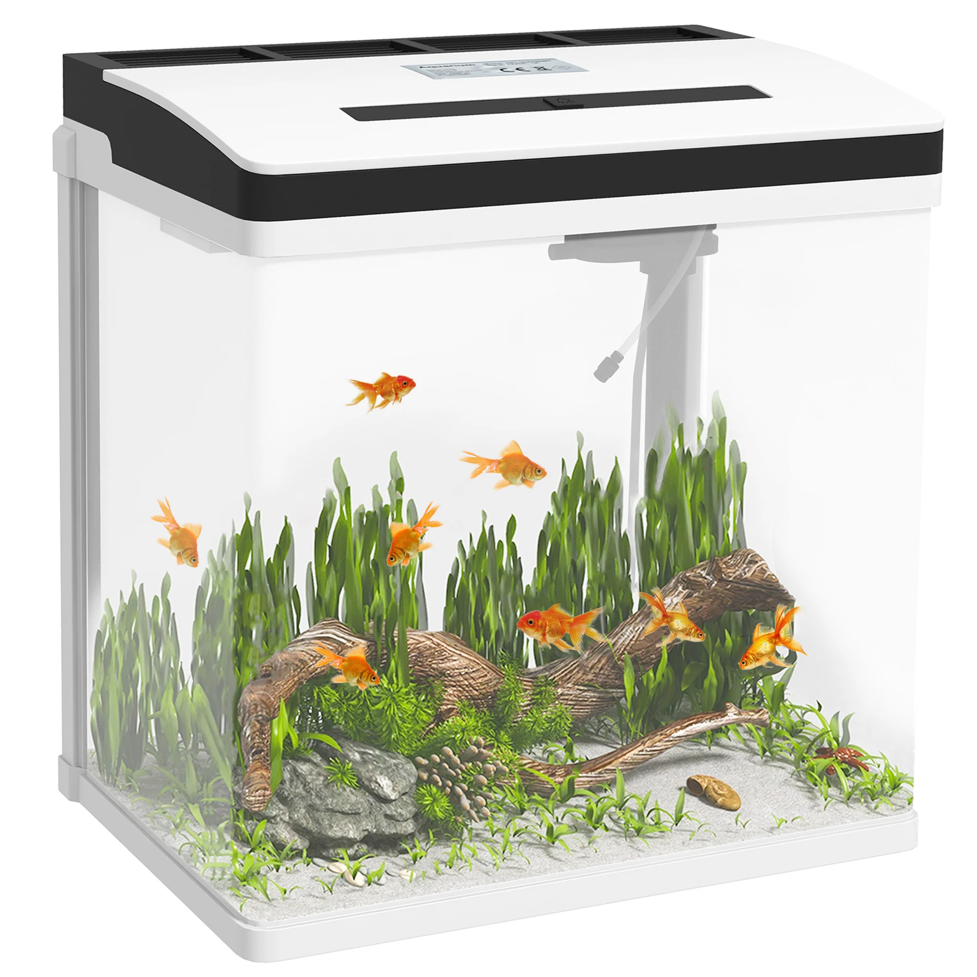 PawHut Acuario de Cristal de 13L Pecera Pequeña con Sistema de Filtro Iluminación LED Bomba de Agua 29x20x30,5 cm Blanco