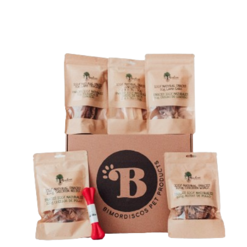 BIMORBOX Pequeña – Pack  Snacks y Juguetes Naturales para Perros