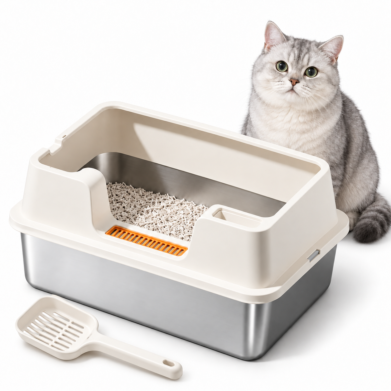 Arenero XL de acero inoxidable para gatos con bordes altos, blanco roto, 60 × 40 × 27 cm