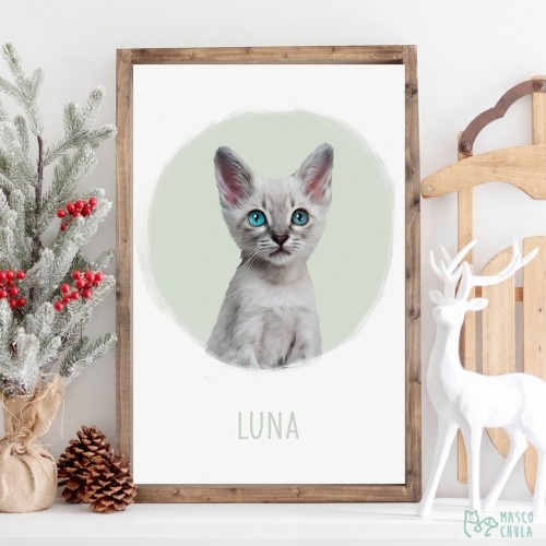 Mascochula luna retrato personalizado realista en lámina con tu mascota aguamarina