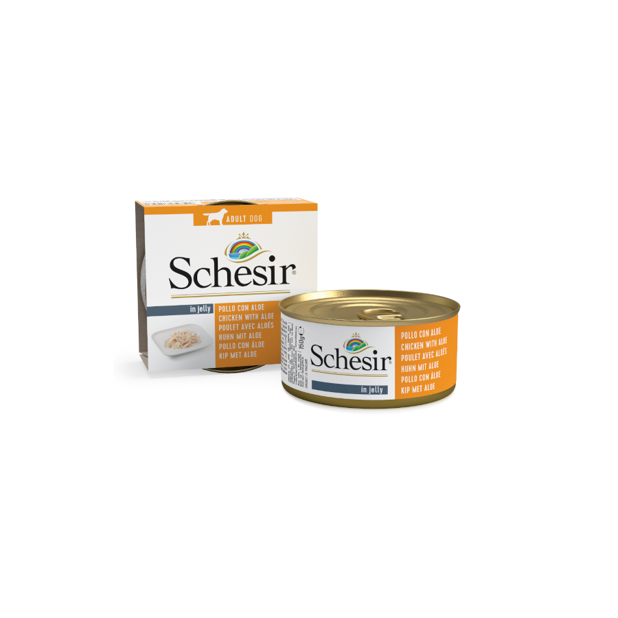 12 latas x 150 g Schesir Adult pollo con aloe en gelatina lata para perros ¡Pack ahorro!