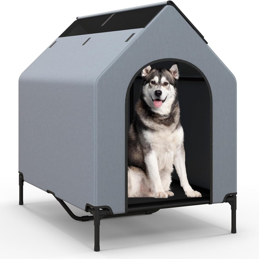 COSTWAY 2 en 1 Caseta para Perros, Casa para Perros con 2 Ventanas Enrollables, Malla Transpirable, Revestimiento de PVC Impermeable, Refugio para