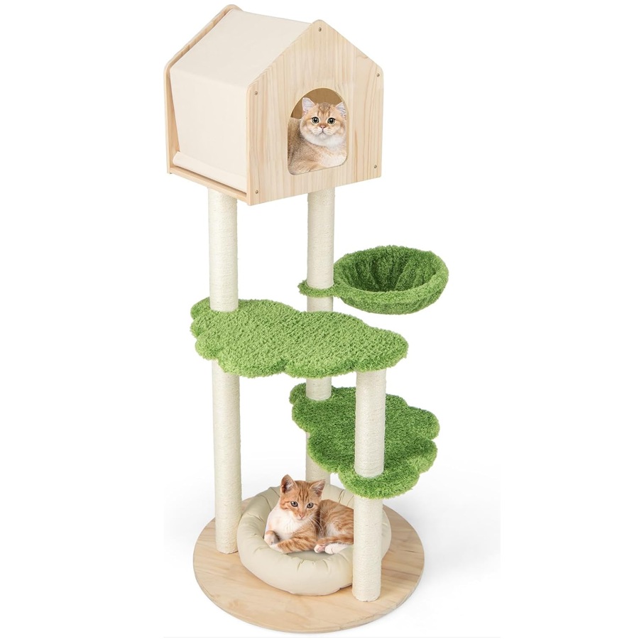 COSTWAY Árbol para Gatos Altura 139 cm, Torre para Gatos de Madera con Postes Rascadores de Sisal, Plataformas de Salto, Perca, Hamaca, Centro de
