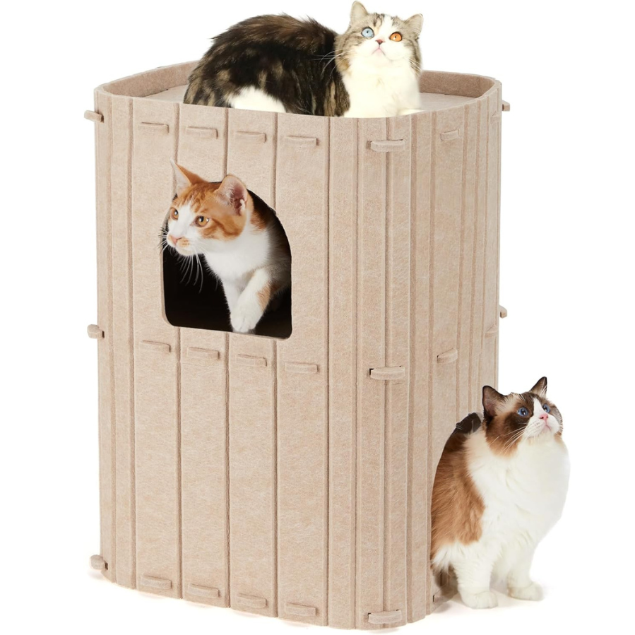 Fukumaru Cueva para Gatos de 2 Pisos en Color Beige | Casa Multinivel para Varios Gatos, de Lana Natural, Diseño Moderno, Estable, Plegable y Fácil de